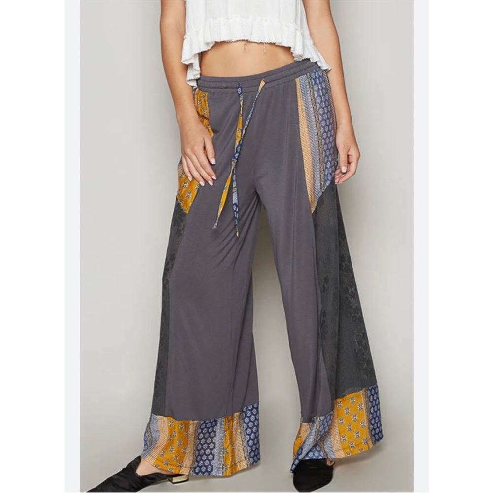 POL Gray and multi patchwork flowy pants